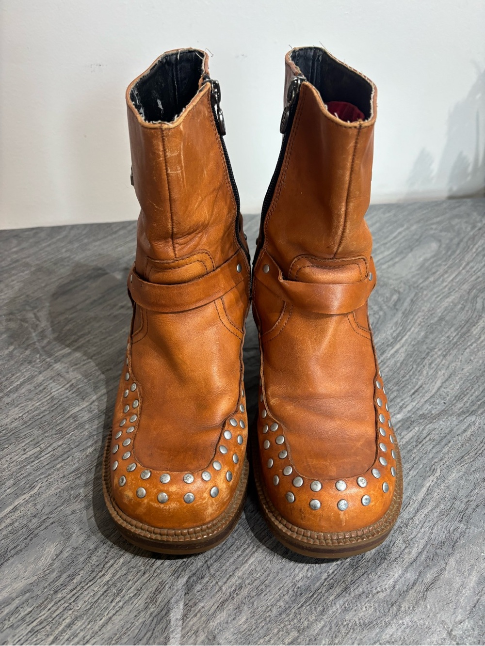 Harley Davidson Vintage Studded Leather Boots Tan Brown 8.5 Y2K Biker 84228 - Picture 4 of 10
